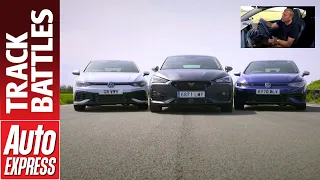 VW Golf R vs Golf GTI Clubsport vs Cupra Leon 300: Steve Sutcliffe track battle | Auto Express