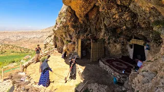 "Fresh morning routine: Amir's family starts their day with breakfast and work in the cave yard"