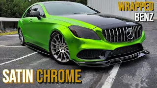 Custom Mercedes CLS 550 Wrapped in Satin Chrome Lime Green Vinyl Wrap