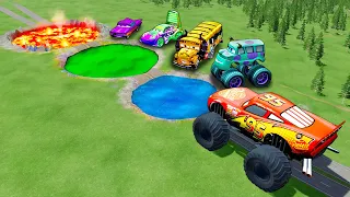 Giant Water & Acid & Lava Pit Vs Huge & Tiny PIXAR Cars - BeamNG Drive Battle!