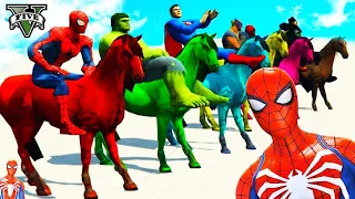 HOMEM ARANHA, GOKU, BATMAN com Cavalos e HERÓIS! Desafio Spiderman Jump HULK ARMY - GTA V Mods