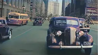 New York & Chicago (1930s-1940s) in color, Driving Downtown [60fps, Remastered] w/sound design added