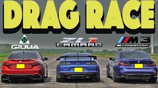 2023 BMW M3 Competition vs Alfa Romeo Giulia Quadrifoglio vs Chevy Camaro ZL. Drag and Roll Race