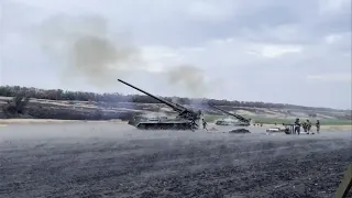 Two pieces of Ukrainian 2S7 Pion 203mm cannon open fire at the front