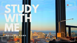 1-HOUR STUDY WITH ME 🎵 / relaxing piano playlist / city skyline sunset / Pomodoro 25-5