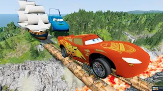 Big & Small Lightning McQueen Boy,Pixar Car vs Tow Mater,Dinoco vs Logs Bridge Roads😱-Beamng.Drive