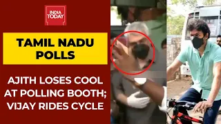 Tamil Nadu Polls: Vijay Rides Cycle To Polling Booth; Ajith Snatches Phone Over Forced Selfie