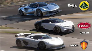 Lotus Evija VS Bugatti Chiron VS Koenigsegg Jesko Anti-Lag Turbo - Top Speed Comparison