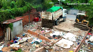 Starting New Project Landfill By Skill MlTSUBlSHl Bulldozer Pushing Sand & 5Ton Truck Dumping Sand