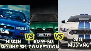 BMW M3 Competition vs 750HP Nissan Skyline R34 GT-R vs 735HP Ford Mustang