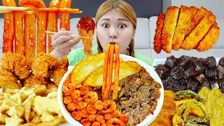 MUKBANG 청년다방신메뉴 차돌새우대창 떡볶이 먹방! SPICY Tteokbokki Beef & shrimp Chicken 버터갈릭감자튀김 치킨 EATING | HIU 하이유