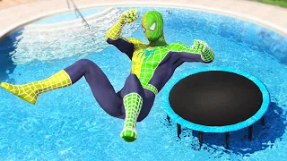 GTA 5 Epic Ragdolls | Green-Yellow Spiderman Trampoline Jumps/Fails (Euphoria Physics Funny Moments)