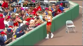 Hooters Girl Interference Ruins Game | picks up fair ball and gives it to a fan | Phillies game