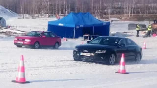 Audi A5 Sportback 3.0TDI vs Audi Coupe 2.3 20v Quattro uphill drag race @ snow