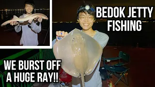 BURST OFF A HUGE ENDANGERED RAY!! | Surf Fishing at Bedok Jetty | Shark and Rays