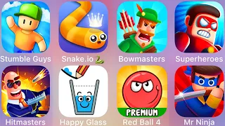 Happy Glass,Stumble Guys,Mr Ninja,Red Ball 4,Hitmasters,Snake.io,Bowmasters,Superhero (8 IOS Games )