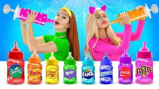 Crazy Big BOTTLE CANDY JELLY Challenge! Last to Stop Eating Rainbow Gummy Wins by RATATA BRILLIANT