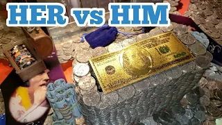 HER vs HIM CHALLENGE ... Inside The High Limit Coin Pusher Jackpot WON MONEY ASMR