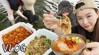 SUB) 캠핑은 먹으러 가는 거죠?🤤ㅣ우삼겹숙주볶음,대창순대전골,김치말이국수,수영,계곡ㅣHamzy Vlog