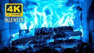 🔥🎃 Halloween Fireplace 4K (12 HOURS). Blue Fireplace with Crackling Fire Sounds. Magic Fireplace