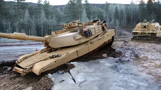 US M1 Abrams Seriously Stuck in Mud Being Recovered by Tow Tank - Mud Recovery