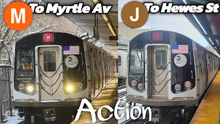 MTA (M) Train to Myrtle Av and (J) Train to Hewes St Action