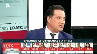 O Άδωνις Γεωργιάδης με τον Αντώνης Σρόιτερ σε εκπομπή για τις εκλογές στον Alpha TV 07/07/2019