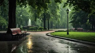 The sound of 8 hours of rain will help you quickly fall asleep. Rain falls in a quiet park