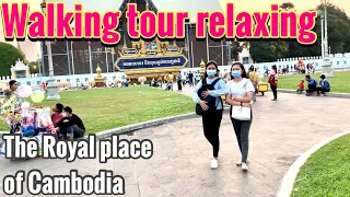Walking tour relaxing at the Royal Palace in Phnom Penh city of Cambodia in the evening [4K]