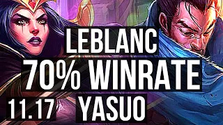 LEBLANC vs YASUO (MID) | 7/0/4, 70% winrate, Godlike | KR Diamond | v11.17