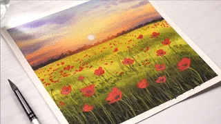 Watercolor Painting for beginners | Poppy Field Landscape Scenery | #Watercolor tutorial landscape