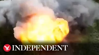 Russian tank explodes after driving over mine in Bakhmut
