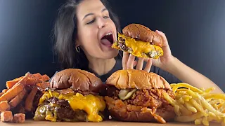 CHEESY BACON DOUBLE BURGER & KOREAN SPICY FRIED CHICKEN BURGER | MUKBANG | ASMR