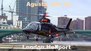Agusta AW109 helicopter landing, engine start and takeoff London Heliport
