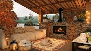 Autumn Cozy Terrace with First Fall Rain and Fireplace Sounds for Sleep & Relax Ambience