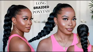 🔥Sleek LONG BRAIDED PONYTAIL on Type 4 Natural Hair Using Braiding Hair|NO FEED IN Braid METHOD💃🏾