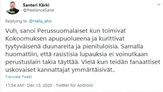 Perussuomalaisten Jussi Halla aho jauhottaa vihreiden hihhulin