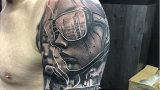 Sport Car & Girl Portrait Tattoo -Time Lapse and Real Time , Black and Grey Tattoo ,Realistic Tattoo