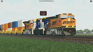 BNSF intermodal Train with CSX 4568 trailing in Ro-Scale Southline District