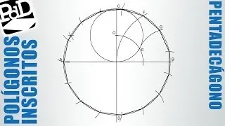 Pentadecágono inscrito en una circunferencia (polígono de 15 lados).