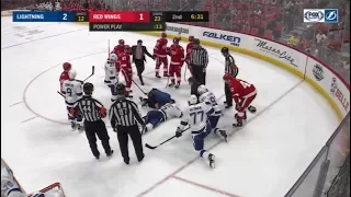 Girardi Hit by Slap Shot in the Back of the Head and Goes Down Hard  1/7/18  Lighting vs. Red Wings