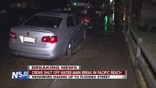 Water main break floods Pacific Beach streets, leaves homes without water