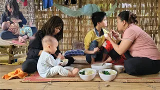 The woman takes care of her children and the disabled girl while the woman works in the garden