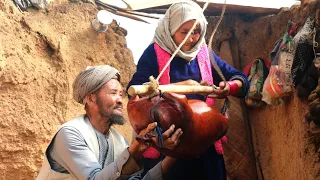 Old Lovers Preparing Buttermilk like 2000 years Ago in the Cave | Afghanistan Village Life.