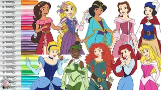 Disney Princess Coloring Book Compilation Anna Elsa Ariel Rapuznel Belle Mulan Elena Merida Tiana