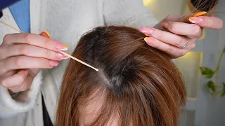 asmr scalp check sectioning with long nails, wooden comb, pick plus tweezers and light| no talking