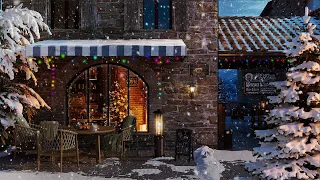 Winter Coffee Shop Street Ambience with Relaxing Smooth Jazz Music and Snow Falling