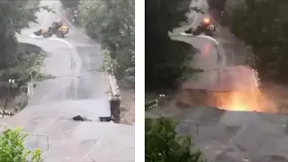 Bridge collapses on to power line in France after severe flooding