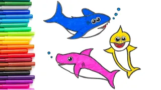 Baby Shark Drawing and Coloring for Kids | How to draw Baby Shark Family Step by Step