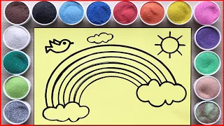 Colored sand painting rainbow in the sky with clouds and bird, sand art (Chim Xinh channel)